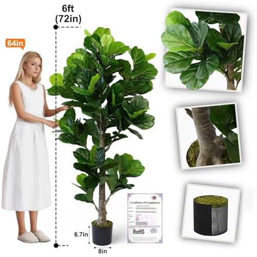 Image of Aveyas 6ft Artificial Fiddle Leaf Fig Tree for Home Decor, 6 Feet Large Faux Plant Fake Ficus lyrata Silk Trees with Pot for Indoor Outdoor House Living Room Office (6 ft Tall)