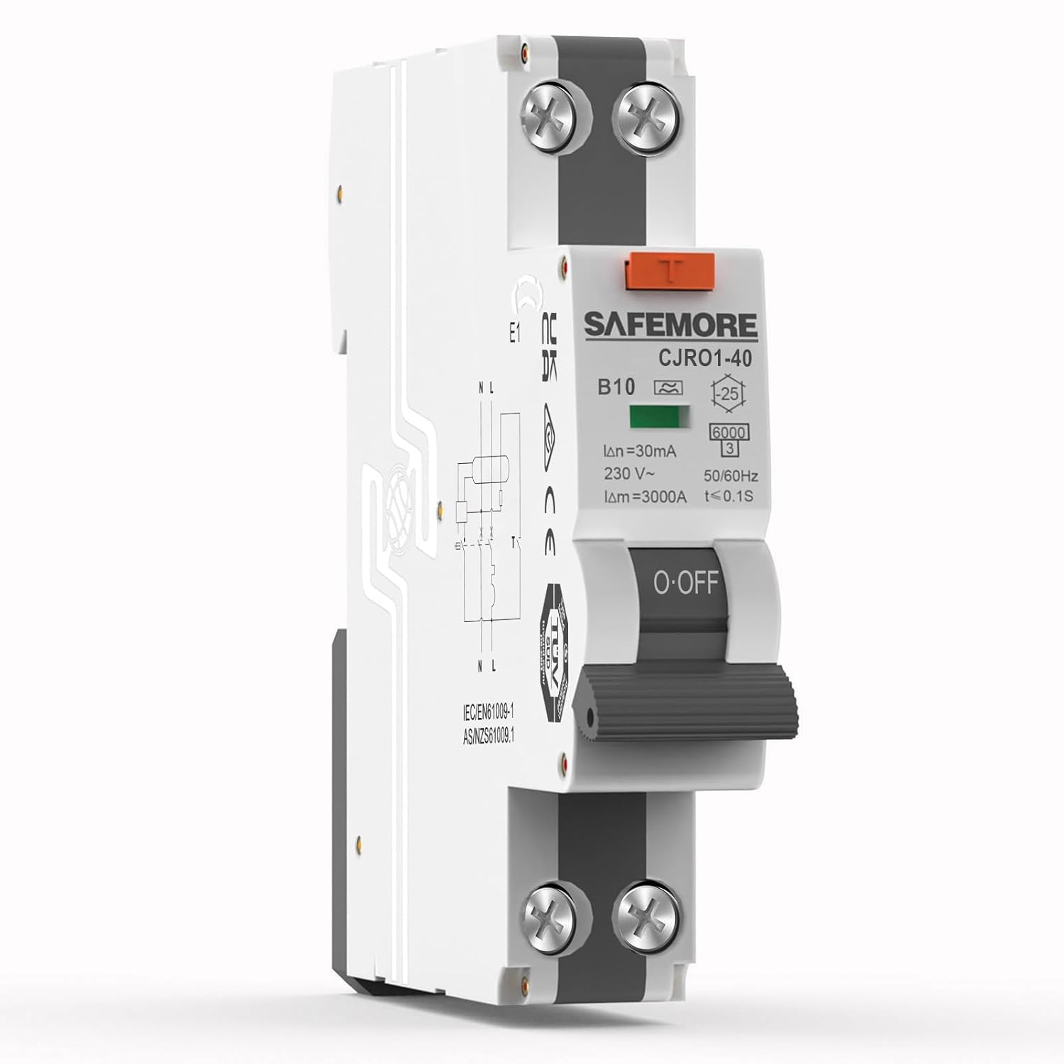 SAFEMORE Compact Bidirectional RCBO 10A Type A 30mA 1P+N, TÜV Certified