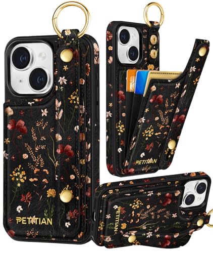 Petitian for iPhone 14 Plus Case with Wallet - Women Girls Cute Girly Aesthetic Unique Design Leather Credit Card Holder Cardholder Stand Wristband for iPhone 14 Plus Grow Flower