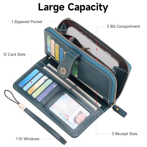 Image of Wristlet Wallets for Women Leather Credit Card Holder Bifold Blue | RFID Blocking, Large Capacity, Ladies Phone Clutch Purse with Zippered Coin Pocket