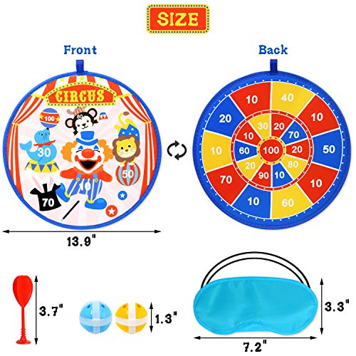 Circus Dart Board for Kids with 6 Sticky Balls and 4 Sticky Dart Double-Sided(13.9 inches),Blindfold Indoor Game ,Carnival Dart Board Set with Hook for Boys Girls Children and Family Time