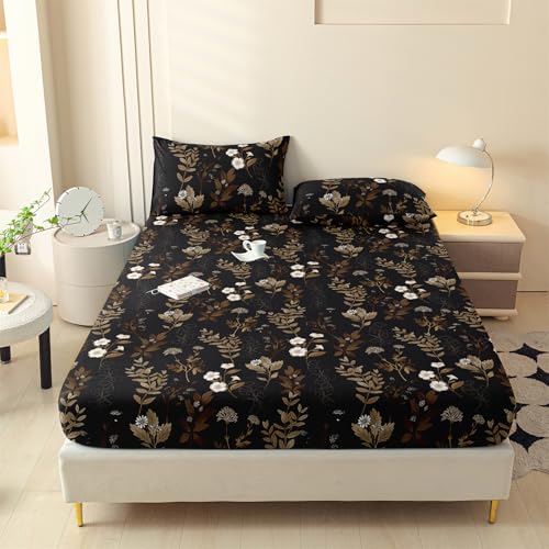 LweiPsqLin Twin Size Fitted Sheet - Floral Brushed Microfiber Bed Sheet with 15 Inch Deep Pocket Elastic Edges - Shrink & Fade Resistant, Botanical Print Bedding