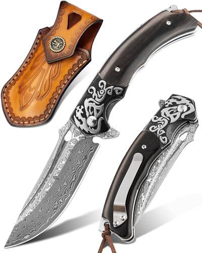 LOTHAR RHAEGAL Couteau de Poche Damas, Couteau Pliant Damas en Acier Damas 67 Couches VG10, Couteau Damas à une Main Avec Manche en Bois, Pour Collection ou...