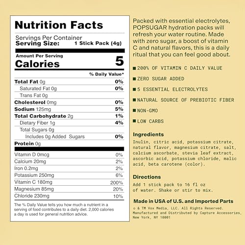 Image of POPSUGAR Electrolyte Hydration Drink Mix Packets, 20 Single-Serve Packs (Lemonade), Zero Sugar Electrolytes Powder, Naturally-Flavored Water Enhancer, Non-GMO Powdered Drink Mix with Vitamin C