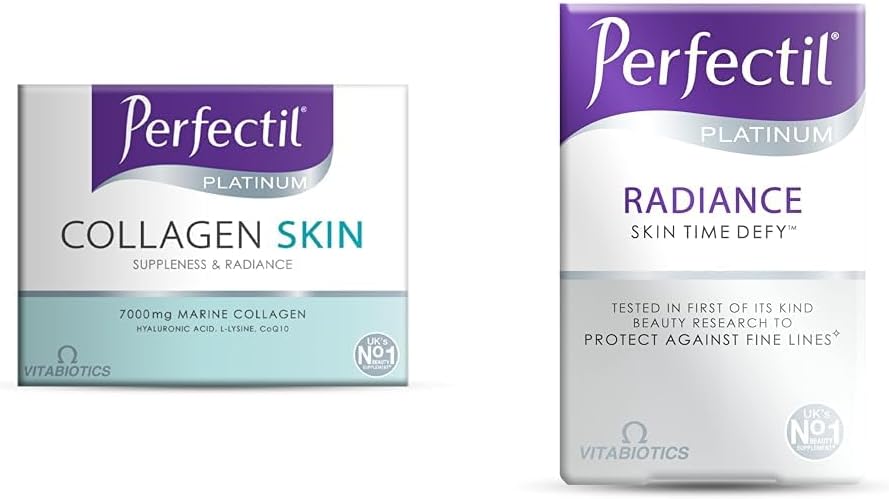 Bundle of Perfectil Platinum Collagen Drink Supplement for Women Skin - 10 x 50 ml vials + Perfectil Platinum Skin Radiance Tablets with Time-Defy Complex, by Vitabiotics