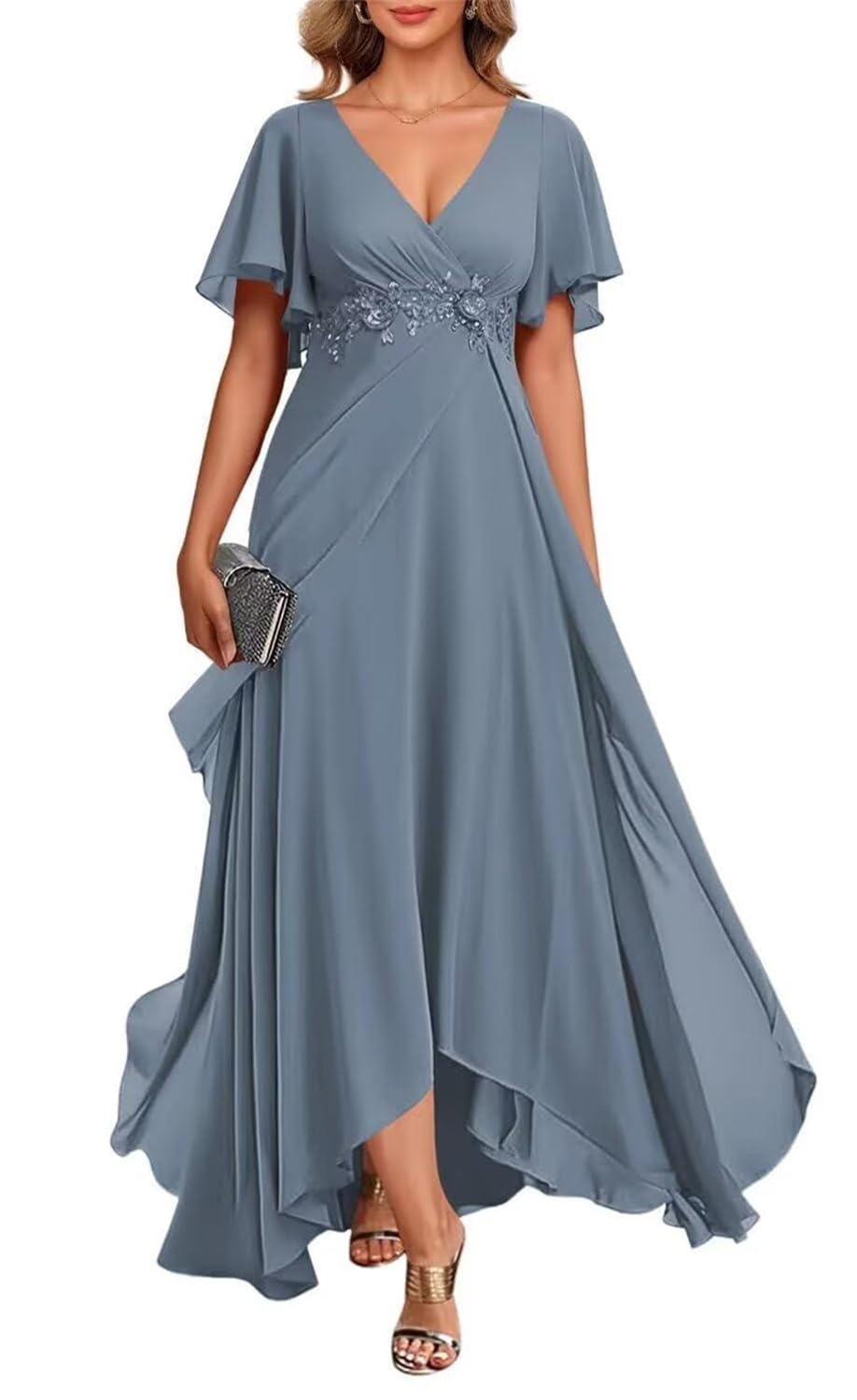 HPPEE Lace Applique Mother of the Bride Dresses for Women with Sleeves Ruched V Neck Chiffon Dusty Blue Formal Evening Gown UK16