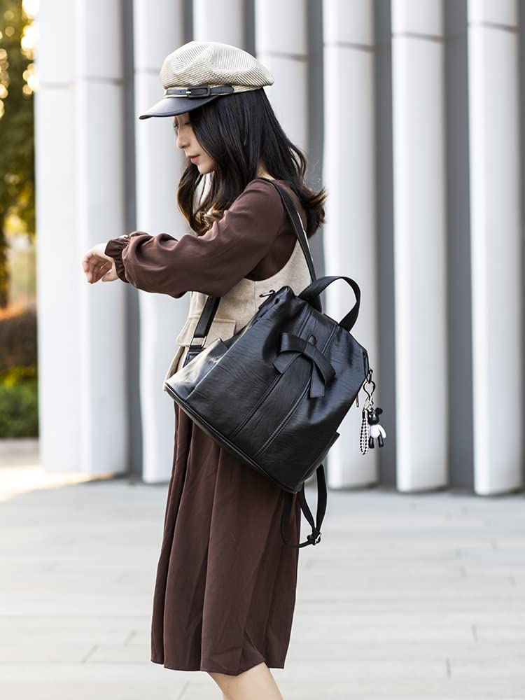 Mochila Antirrobo Mujer de PU Cuero Suave, Bolsa Casual Escolar con Lazo Lindo, Correa de Hombro Extraíble como Bolsa Bandolera, Elegante Impermeable Grande para Trabajo Oficina Escuela Viaje