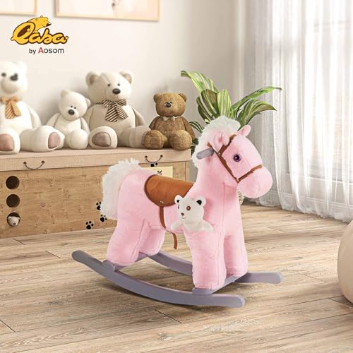 Qaba Kids Plush Ride-On Rocking Horse with Bear Toy, Children Chair with Soft Plush Toy & Fun Realistic Sounds, Pink - Image 3