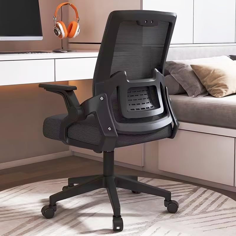 Computer Desk Chair, Ergonomic Office Chair with Flip-up Adjustable Armrests Foldable Mesh Task Chair with Wheels Lumbar Support Swivel Tilt Comfortable Study Chair for Student, Black