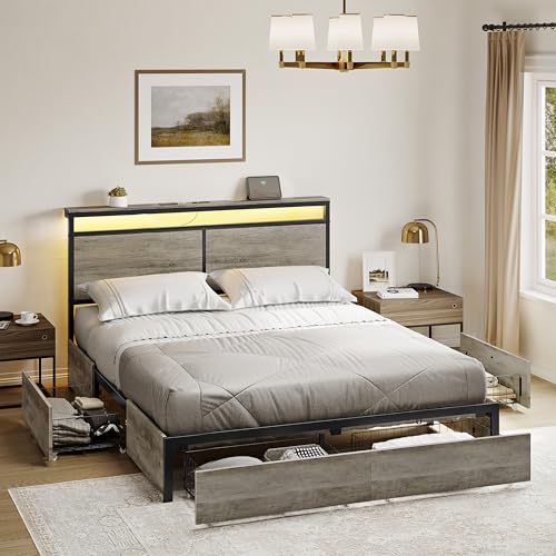 Reviews de Base de Cama Queen al mejor precio. 44 FABATO Base Cama Queen Size - Cabecera Queen Size con Luces Led Estación de Carga Puerto USB/Tipo-C con Cajones de Almacenamiento - Plataforma de Metal, Antideslizante, sin Ruido...