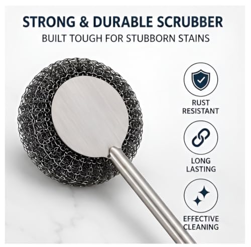 Image of Stainless Steel Wool Scrubber Set, One Scrubber with Handle and One Long-Handled Brush, for Cleaning Tableware and Cooking Tools