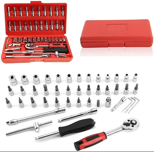 Generic Professional Socket Set with Ratchet Handle, 46-Piece, Hex Bits and Drive Sockets, Red Storage Case 2 51yU+XuFwQL