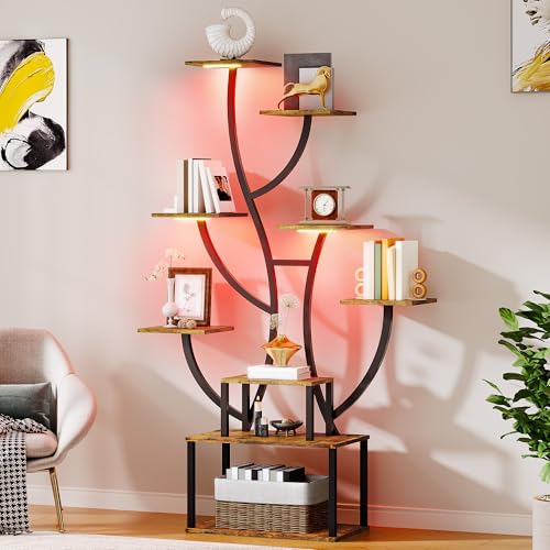 YITAHOME Tall Bookshelf with LED Light, Artistically Designed Tree Bookshelf 8-Tier Shelves, S Shaped Unique Bookshelves Corner Display Shelf for Home