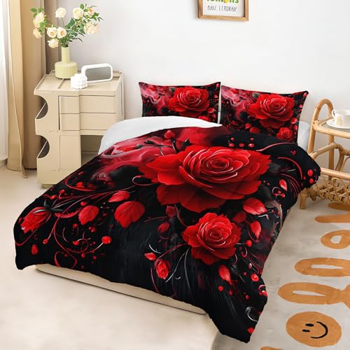 Image of AILONEN Red Rose Comforter Set Twin Size,Red & Black Bedding Set 3Pcs,Luxury Flower Bedroom Decor for Couples Women,Romantic Floral Quilt with 2 Pillowcases