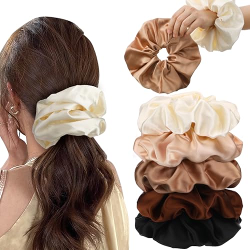 auroray 5 Pieces 7 Inch Jumbo Satin Silk Scrunchies for Women Large Oversize Scrunchies For Thick Hair