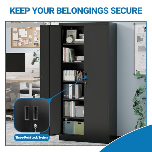 Image of Metal Storage Cabinet with Lock Doors and 5 Adjustable Shelves