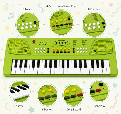 Image of Braintastic Kids Piano Keyboard with Microphone, 37 Keys, 8 Rhythms, 8 Tones with 6 in-Built Demos & Song Recording Feature for Boys & Girls (Green)