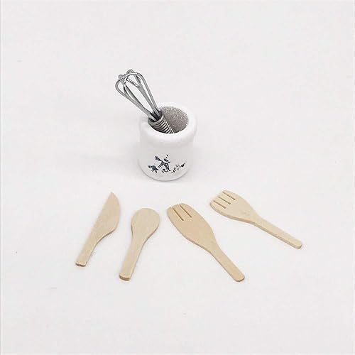 Miniatura 8 de Accesorios de decoración de casa de muñecas, batidor de huevos y utensilios con soporte para cerámica, tenedor de cocina de madera, casa de muñecas,