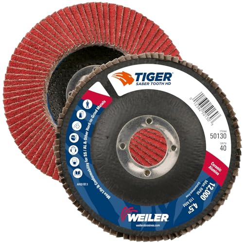 Image of Weiler 50130 Saber Tooth 7 /8 inch Arbor, 4-1 /2 inch Diameter, 40 Grit, Ceramic, Phenolic Backing, Flat High Density Abrasive Flap Disc (Pack of 10)