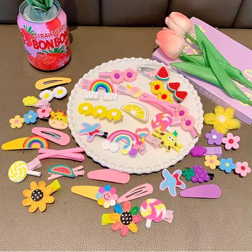 Image of Giggles Boo 28 Pcs Korean Style Hair Clips Set for Girls & Kids | Cute Rainbow, Fruit, Flower & Unicorn Designs | Metal Tic Tac Pins for Toddlers & Women | Pink, Purple, Yellow (2 Random Pack)