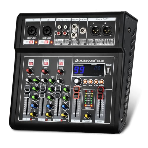 4-Channel Audio Mixer for PC, SX-4iu Mixing Console with XLR Inputs, Bluetooth, 99 Digital Signal Processor Effects, USB Interface, MP3 Compatible for Podcast, Music, Recording 9.84'x2.17'x9.84'inches