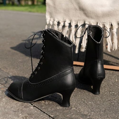 Victorian Boots,Short Ankle Boots Lace Up for Women Side Zipper Victorian Booties,Closed Toe Block Chunky Mid Heel Shoes,Halloween Cosplay Witch Stuff Cuban Heel Mid Calf Fall Winter Shoes2