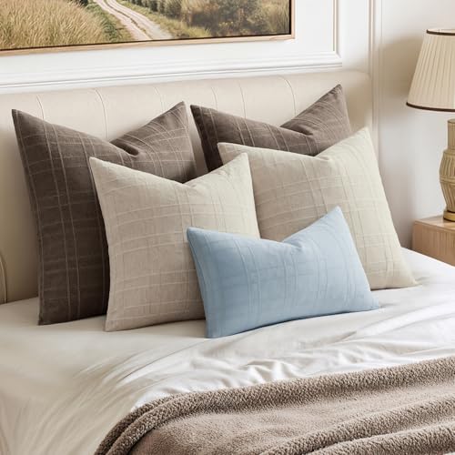 Image of MIULEE Decorative Linen Check Lumar Throw Pillow Covers Neutral Farmhouse Vintage Pillow Covers 12x20 Set of 2 Boho Modern Home Decor for Sofa Couch Bedroom Cushion Coastal Blue