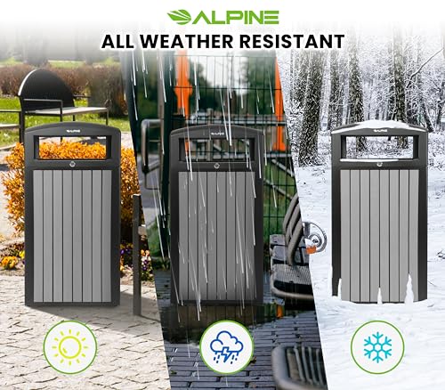 Image of Alpine 40 Gallon Commercial Outdoor Trash Can with Lid - Modern Heavy Duty Large Outdoor Garbage Can with Durable Plastic Bin, Slatted Recycled Plastic Panels for Patio, Parks, Trails & Resorts (Grey)