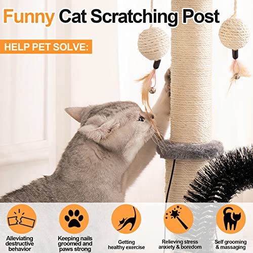 Cat Scratching Post with Self Groomer and Top Platform - Durable Sisal Cat Scratcher Stable Cat Scratch Post with Dangling Balls, Verstile Cat Scratching Poles for Indoor Cats (Grey)