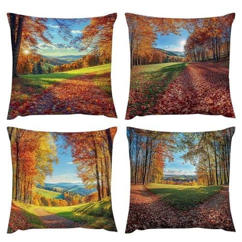 Kissenbezug 35x35 cm Dekorative 4er Set Wasserfest Outdoor Kissen Gartenkissen Wetterfest Atmungsaktiv Herbst Wald Kissenbezug Gartendeko für...