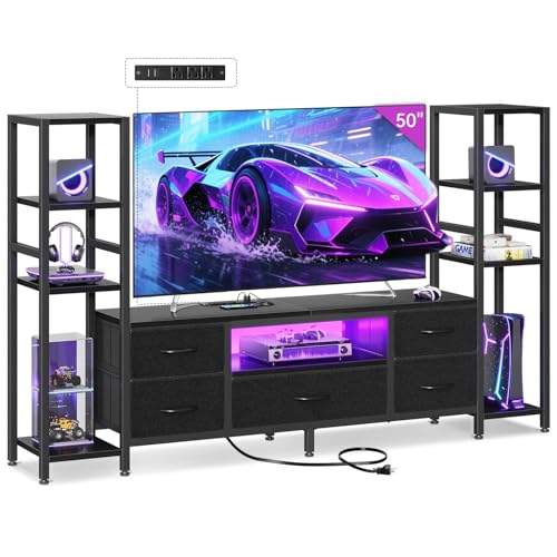 Casaottima TV Stands for 40/43/50 Inch TV, Entertainment Center with LED Lights & Power Outlets, TV Stand Living Room with 5 Fabric Drawers, TV Console Cabinet for Bedroom, Black