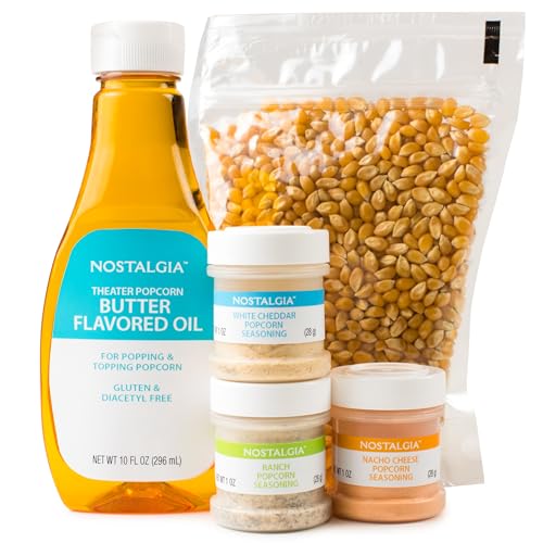 Nostalgia Theater Popcorn Machine Kit - Popcorn Kit With 1 Lb. Kernels &amp; 12.5 Oz Butter Oil for Home Snacks - All-In-One Popcorn Kit with Ranch, White Cheddar &amp; Nacho 3 Oz Seasonings for Easy Popping