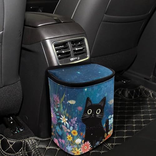 Image of Talayituse Cat Daisy Flower Print Car Trash Can Portable Auto Garbage Bin Multifunctional Vehicle Interior Accessories with Adjustable Straps Universal Fit Truck SUV Sedan