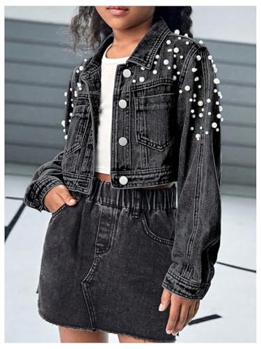 Image of WDIRARA Girl's Beaded Denim Jacket Button Down Collared Long Sleeve Jeans Jackets Y2K Outerwear