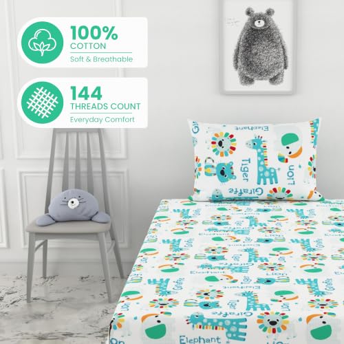 Image of LORETO - A QUALITY LINEN BRAND 144 TC 100% Pure Cotton Single Fitted Bedsheet with 1 Pillow Cover for 72 x 36 Inch Mattress, All-Around Elastic, 8 Inch Deep Pocket, Aqua & Rainbow Animal Parade
