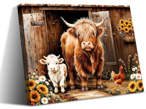 ZOIYINO Farmhouse Highland Cow Wall Art Rustic Country Sunflower Cow