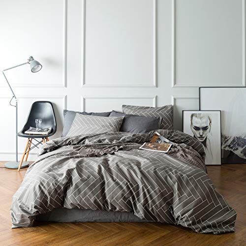 SUSYBAO Duvet Cover Set Queen Size 3 Piece Herringbone Bedding Set 100% Natural
