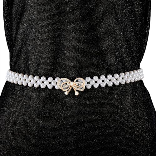 auwiyd Elegant Rhinestone Pearl Elastic Waistband Luxury Bow Belt Dress Crystal Waist Strap Pearl Waistband for Women and Girls Fashion Bow Dress Belt Skirt Clothing Decoration 2 PCS, White3