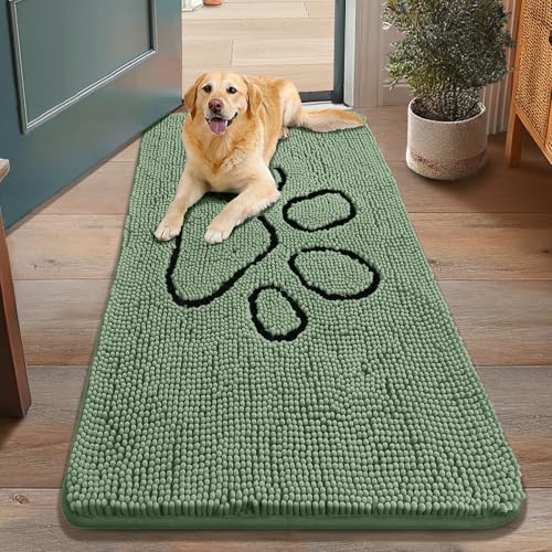 Image of Smiry Dog Door Mat for Muddy Paws, Absorbent Dirt Trapper Non Slip Quick Dry Washable Chenille Mat for Mud Dogs, Entry Rug for Indoor and Outdoor (48x30 Inches, Olive Green and Black)