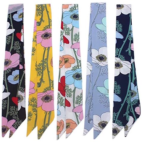 Uainhrt 5pcs Branches and Flowers Pattern Bag Handbag Handle Ribbon Scarf Hair Head Band Neck Scarf Neckerchief Scarf Head Wrap for Women Girls Decoration Cover