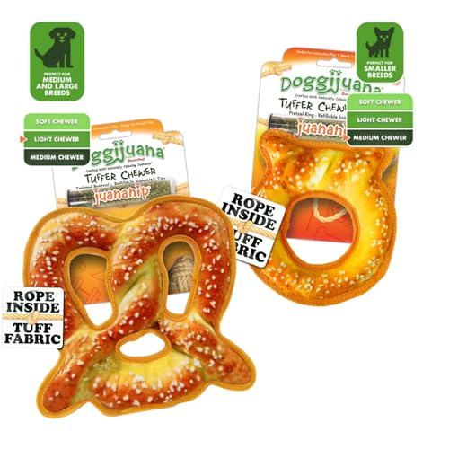 Image of Doggijuana Twisted Pretzel & Pretzel Ring Dog Toy Bundle | 2 Pack, Squeaky | Refillable squeaky plush dog toy + organic calming catnip; eases anxiety, stress & storms; drug-free, hand-harvested