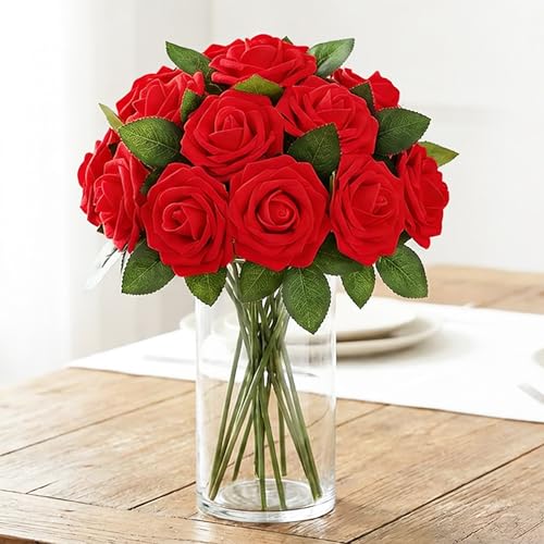 Image of 100Pcs Real Looking Bright Red Artificial Rose Flower Heads, Foam Fake Roses for DIY Wedding Decorations Baby Shower Centerpieces Home Party Valentine's Day Mother's Day Decor