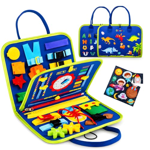 Image of Cable World Montessori Busy Board for Toddlers 2-5 Years, 25+ Learning Activities, Sensory Travel Toy, Quiet Book with Alphabet, Clock, Calendar, Jigsaw Puzzle, Fine Motor Skills & Dinosaur Theme