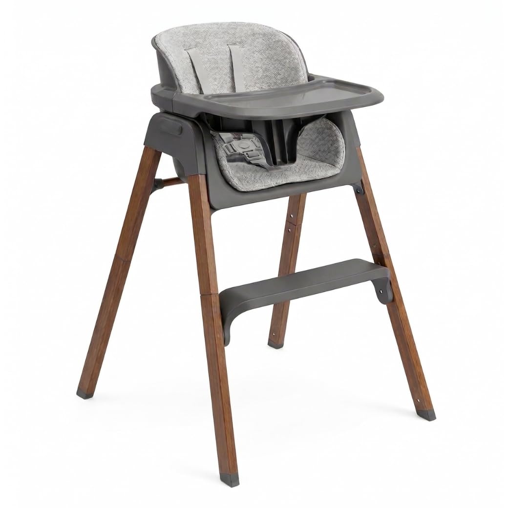 Venture Neyo 2-in-1 Foldable High Chair for Baby and Toddler, Convertible Baby Highchair with Wood Effect Legs, Removable Tray & Cushion, 5 Point Harness, Compact Folding (Grey)