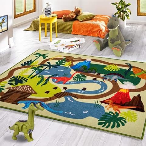Booooom Jackson Teppich Kinder Spielmatte Dinosaurier 100 x 150cm Krabbeldecke Kinderzimmer Teppich Dino Spielteppich Waschbar Dino Motivteppich Kurzflor Farbecht Cover
