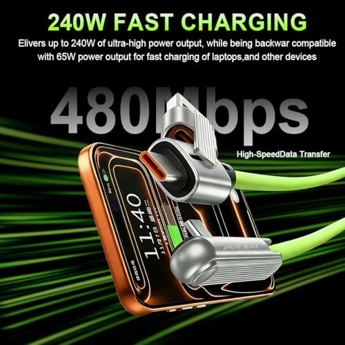 Image of Verilux PD 240W 2 in 1 Type C Cable Fast Charging with Stand, 3.9Ft Right Angle C Type Charger Cable with 480MBPS Data Transfer for iPhone 17 /17 Pro /17 Pro Max /16 /15, Galaxy S25 /S24, Green