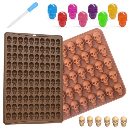 ZGCXRTO Moldes De Chocolate Calavera,100 y 40 Moldes De Cera En Laca Marron Con 1 Cuentagotas Diseño De Calavera Moldes Para Caramelos De Calavera Para Chocolate, Caramelos, Gelatina, Cubitos De Hielo