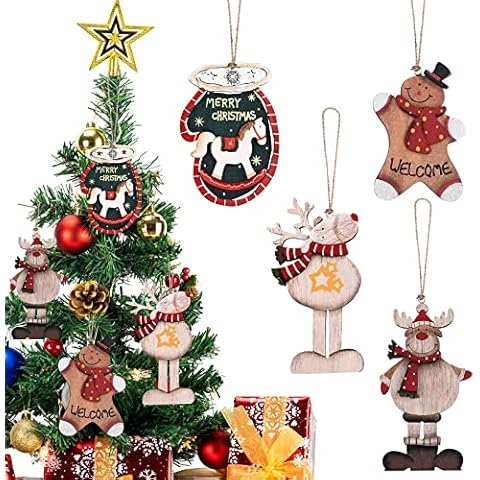 4PCS Wooden Christmas Ornaments for Christmas Tree Wood Xmas Tree Ornaments Christmas Holiday Hanging Rustic Wooden Christmas Decorations Elk Snowman Christmas Stocking Cover