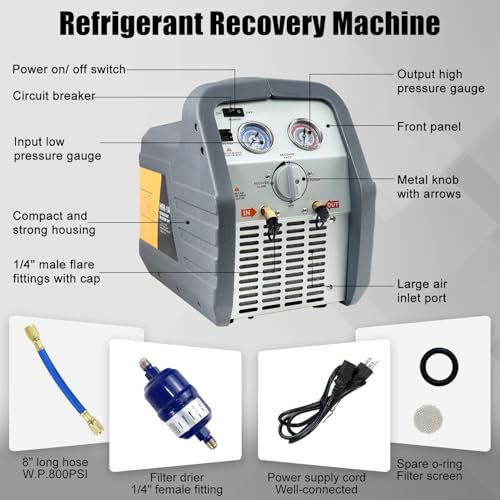 HVAC AC Refrigerant Recovery Machine Unit Tool Kit Recycle Liquid and Vapor Freon of Automotive Household and Commercial Air Conditioner System, 3/4HP Oil-less Compressor