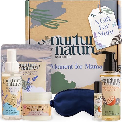 Nurture by Nature New Mom Self Care Gift Set with Body Scrub, Lavender Pillow Spray, Sleep Mask, Body Butter, Shower Gel & Bath Salts - Vegan Friendly - Stocking Stuffer, Baby Shower Gift Basket